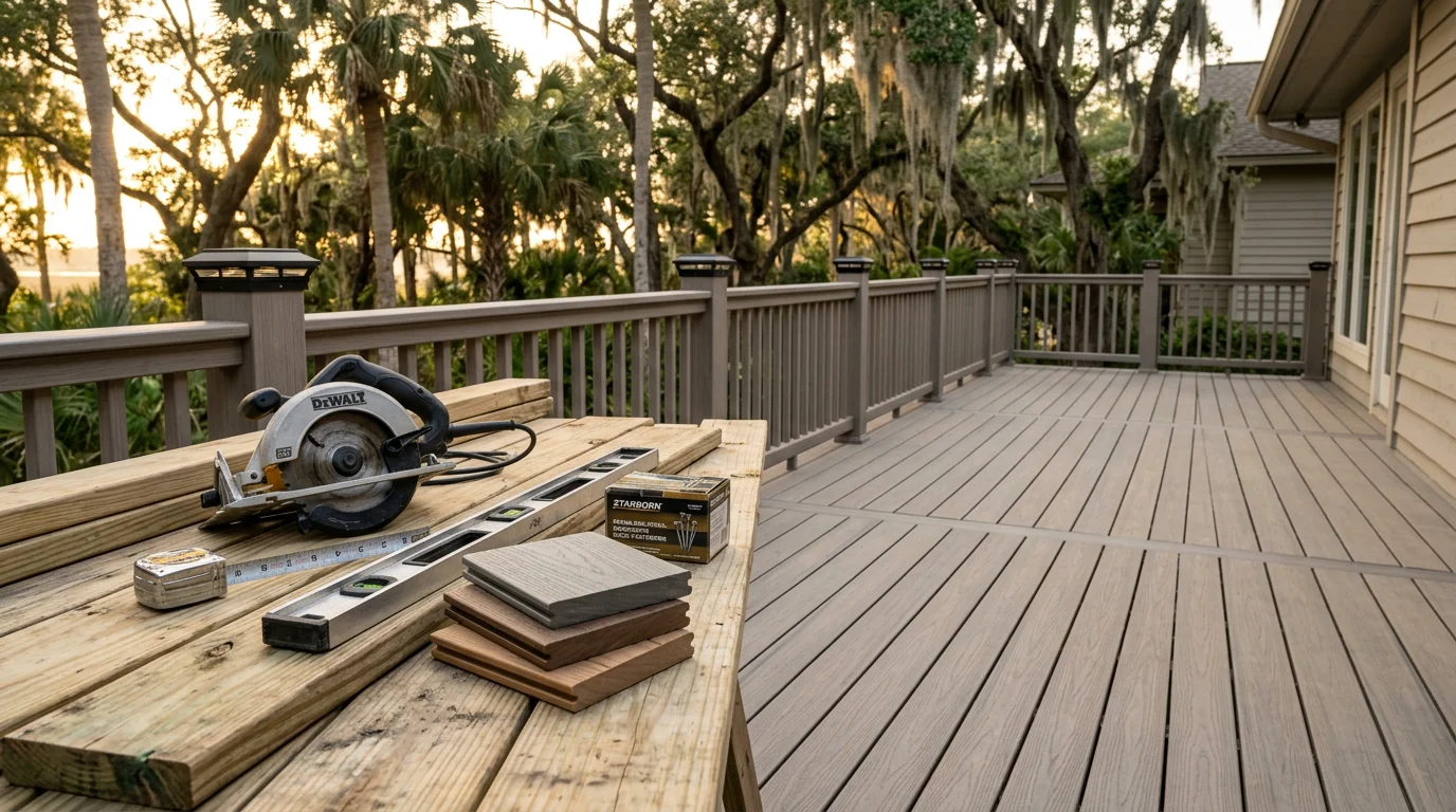 Custom wood deck with seating area overlooking backyard
