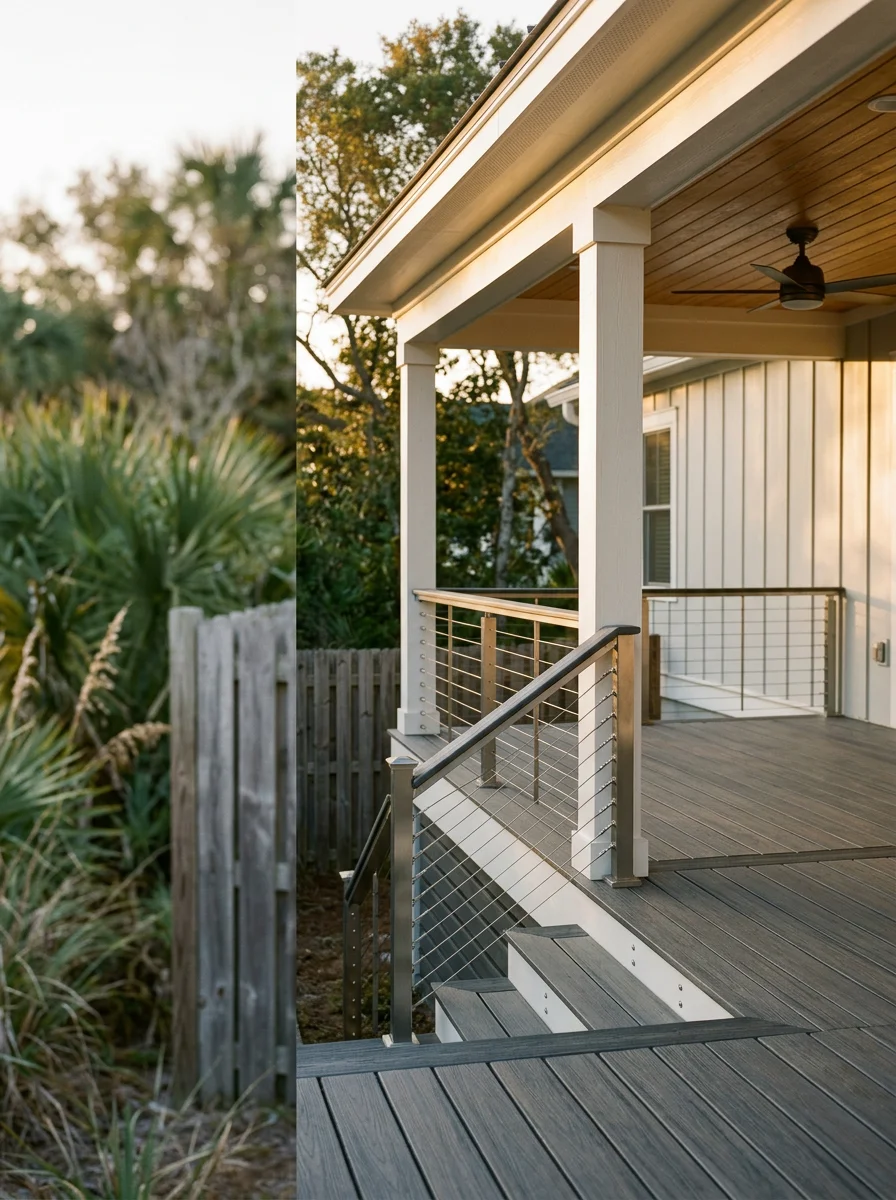 Covered outdoor patio addition on an Amelia Island property showing corrosion-resistant hardware and composite decking suited for barrier-island salt air.