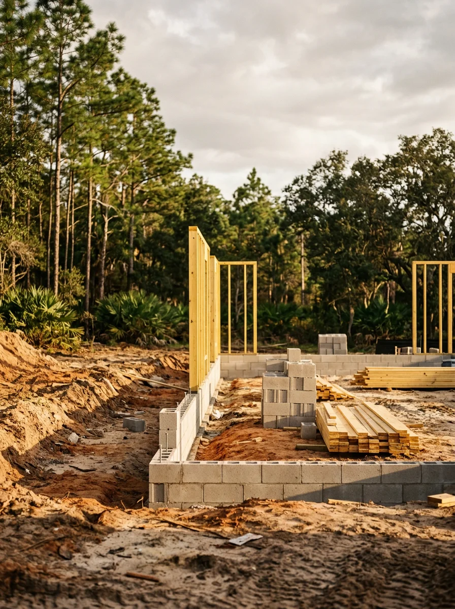 Custom home build on a rural Middleburg, FL lot showing concrete block foundation and wood framing on a multi-acre parcel with pine trees in the background.