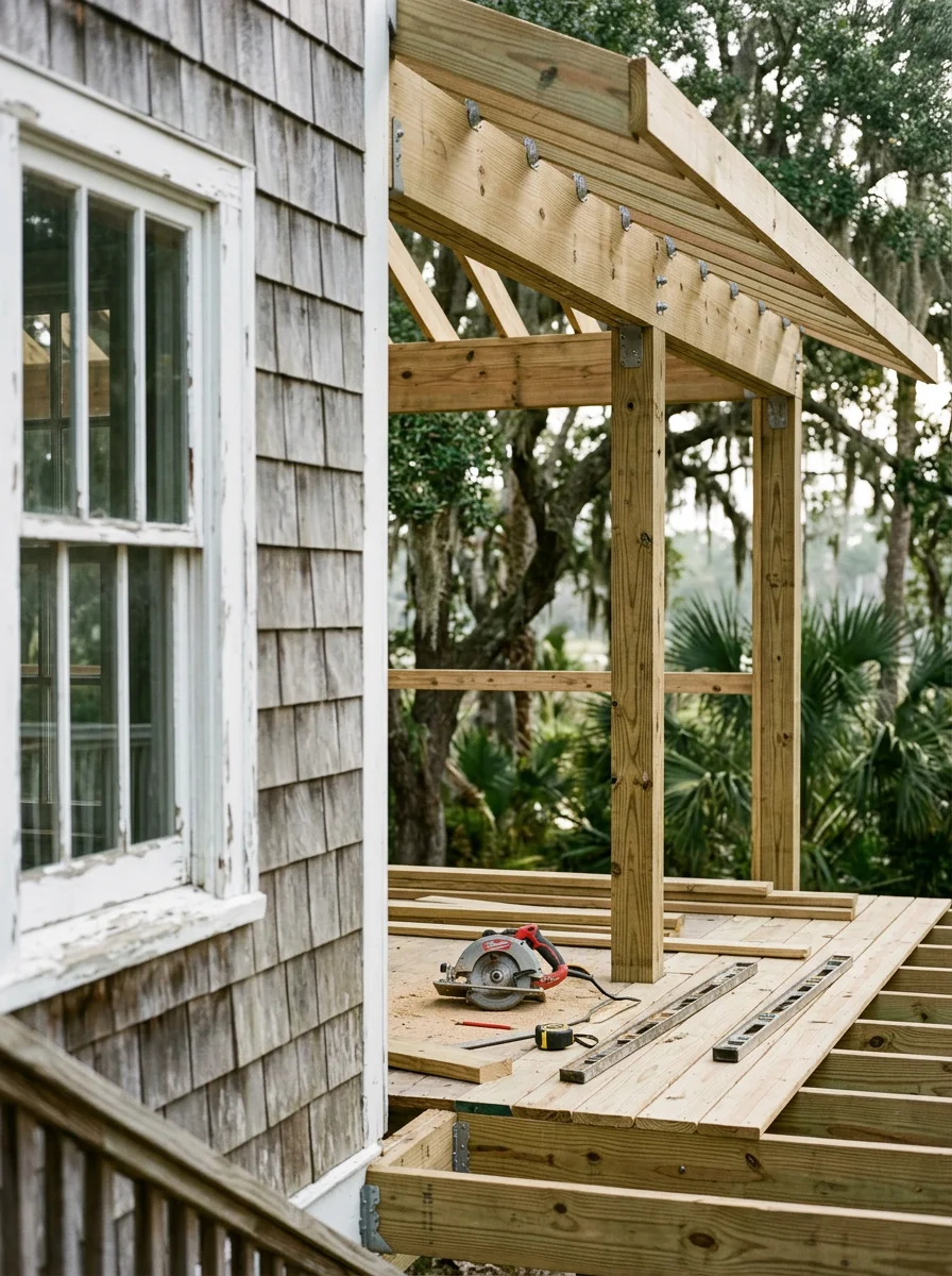 Covered deck addition on a Fernandina Beach home showing pressure-treated framing and coastal-grade hardware near the Nassau County shoreline.