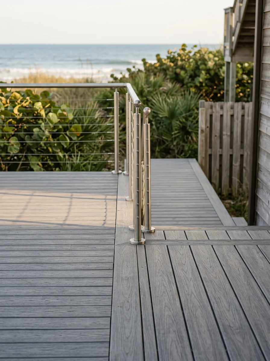Custom deck addition on a Jacksonville Beach property with composite decking and stainless hardware overlooking a compact coastal lot near the Atlantic Ocean.