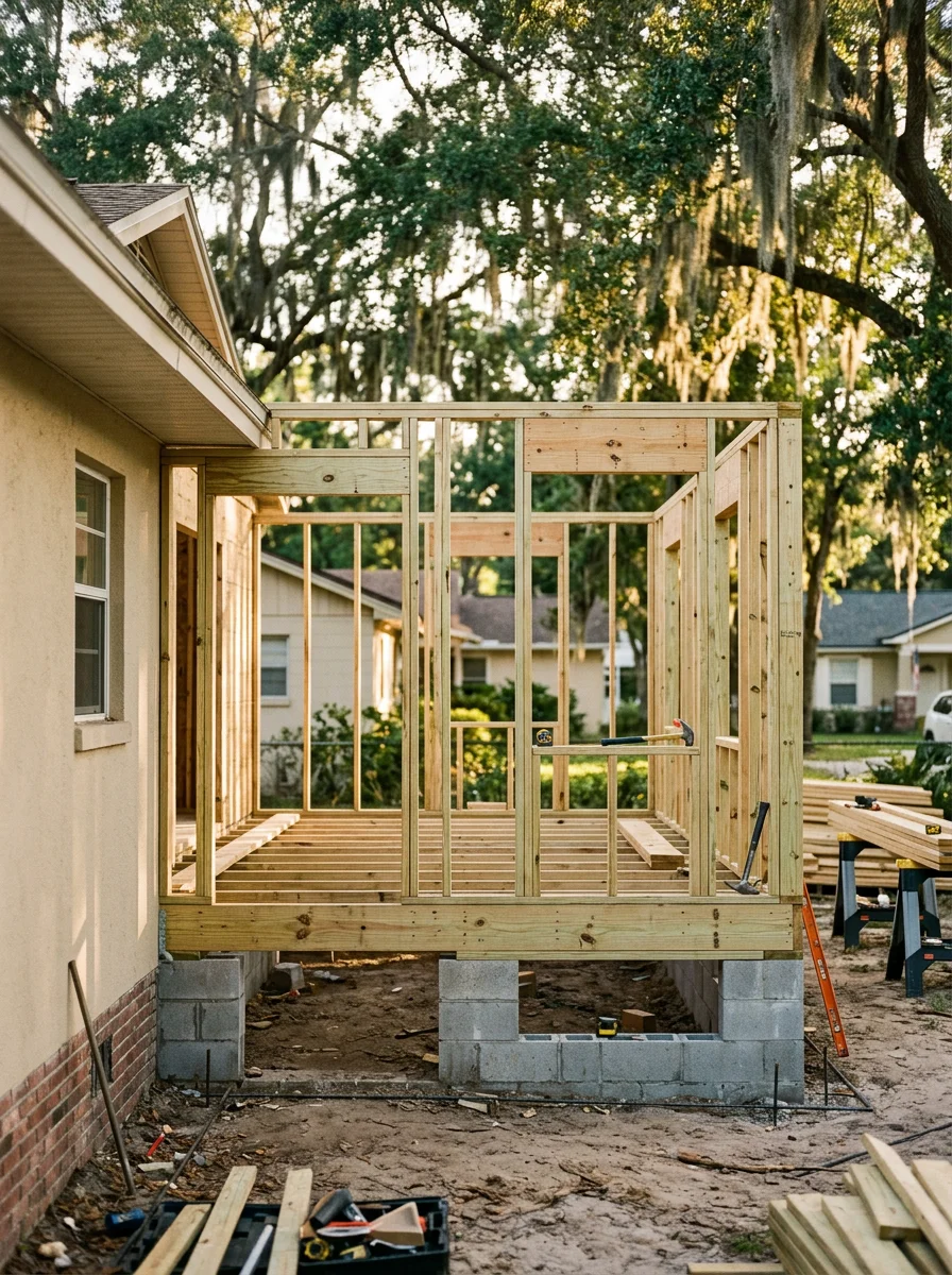 Custom room addition under construction on a Mandarin, Jacksonville property with concrete block foundation and new framing extending from the existing home.