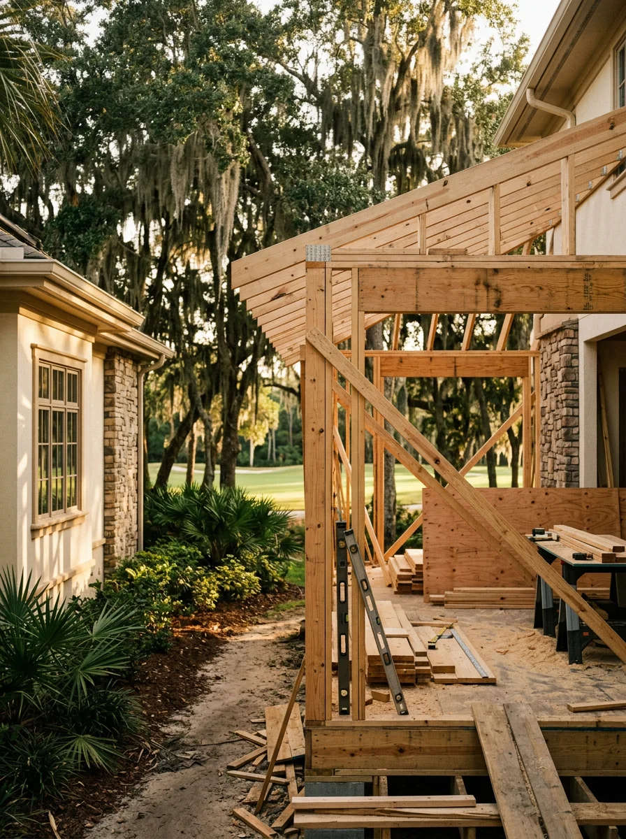 Custom home addition under construction in a Ponte Vedra golf-course community showing new framing extending from an existing single-family residence with mature oak trees in the background.