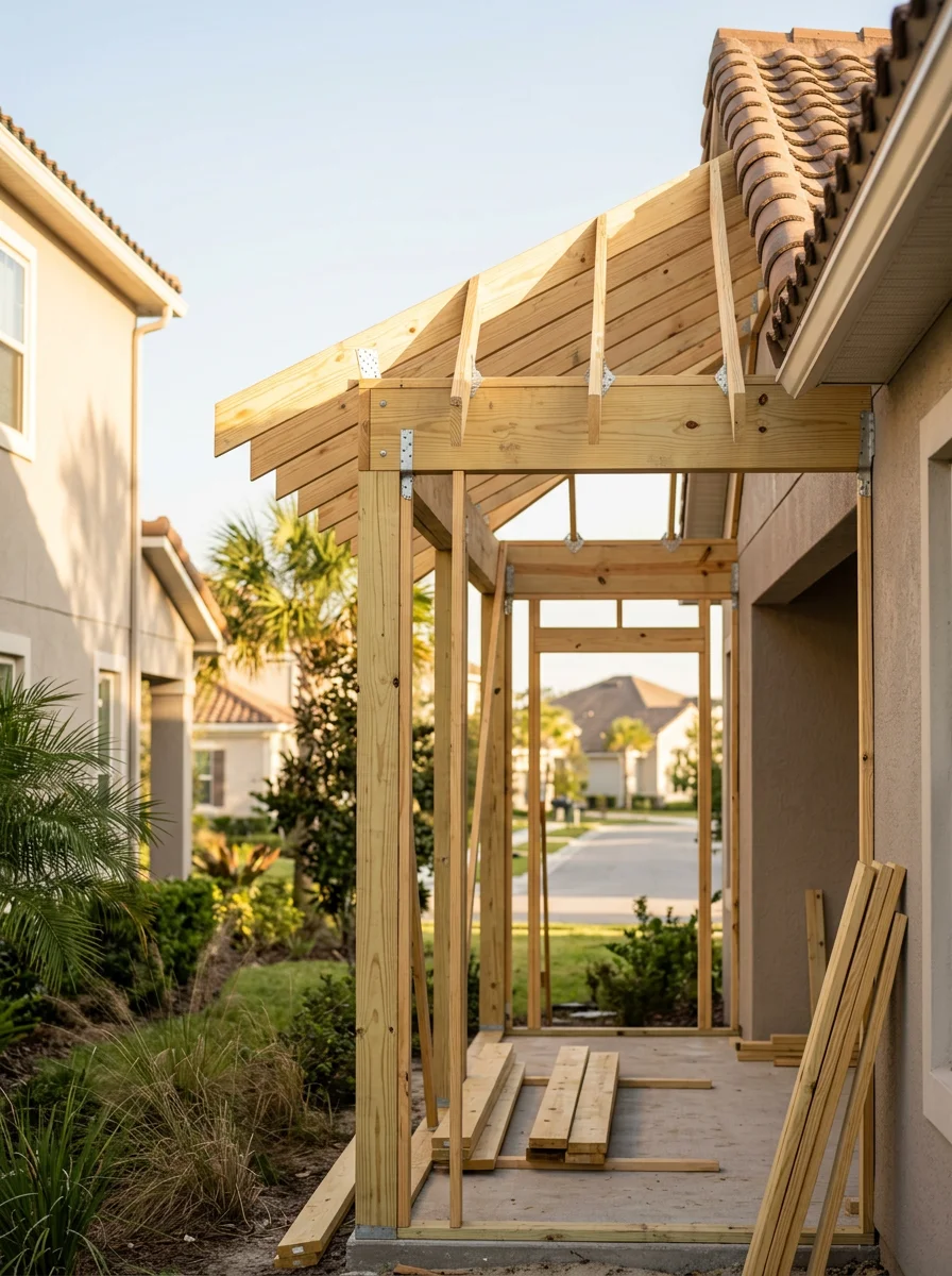 Covered patio addition on a Nocatee, St. Johns County home showing new framing attached to an existing single-family residence in a master-planned community setting.