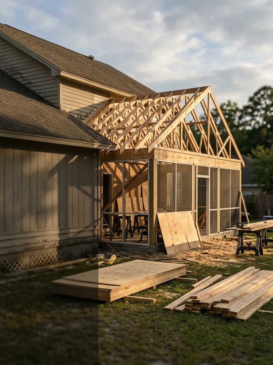 Covered patio addition under construction on a Yulee, Nassau County home with new roof framing and screened panels attached to the rear of a single-family residence.