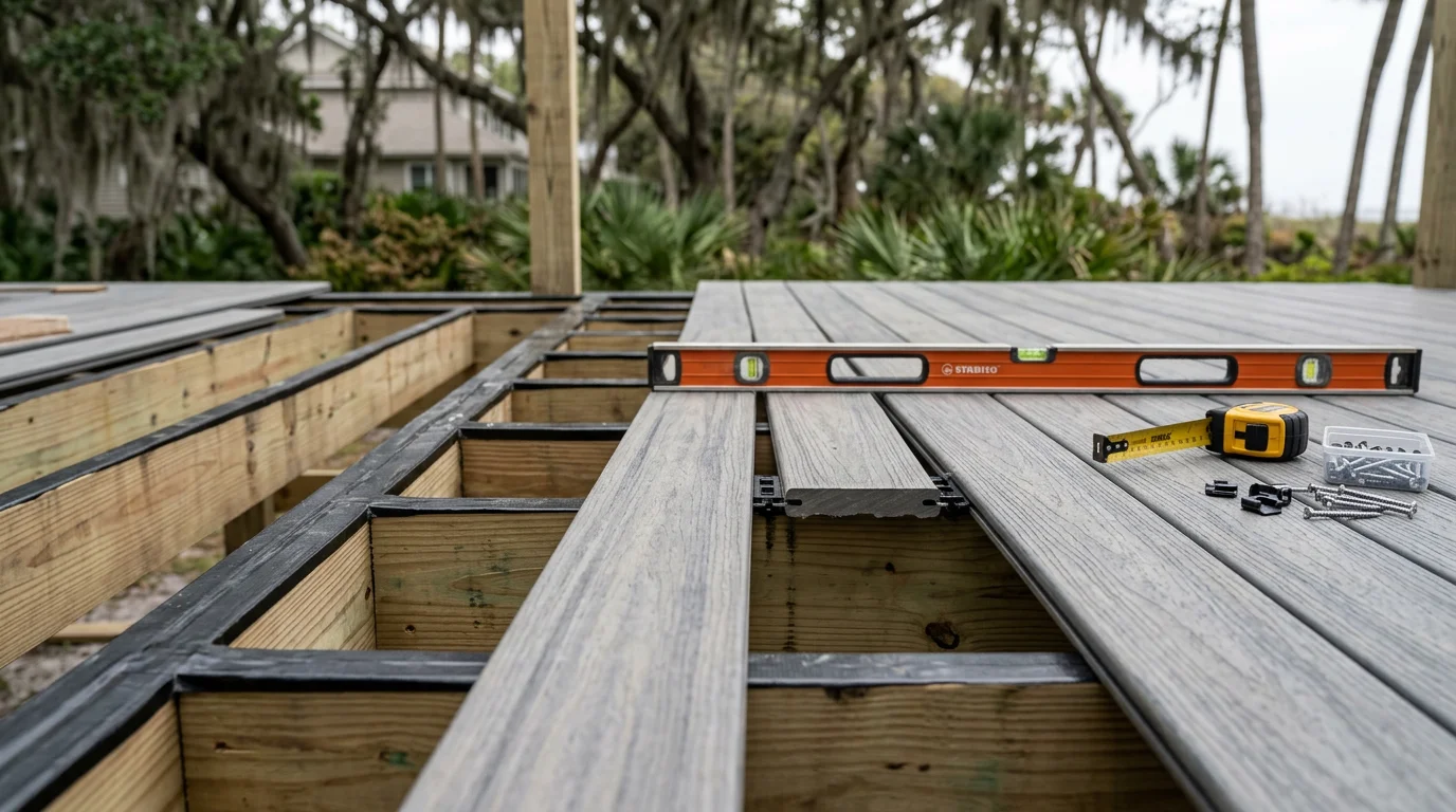 A finished composite deck installed on a residential home in Fernandina Beach, Florida, featuring a clean hidden-fastener surface and a coastal backyard setting. The deck boards show consistent spacing and a smooth, low-maintenance finish suited to Amelia Island's salt-air environment.