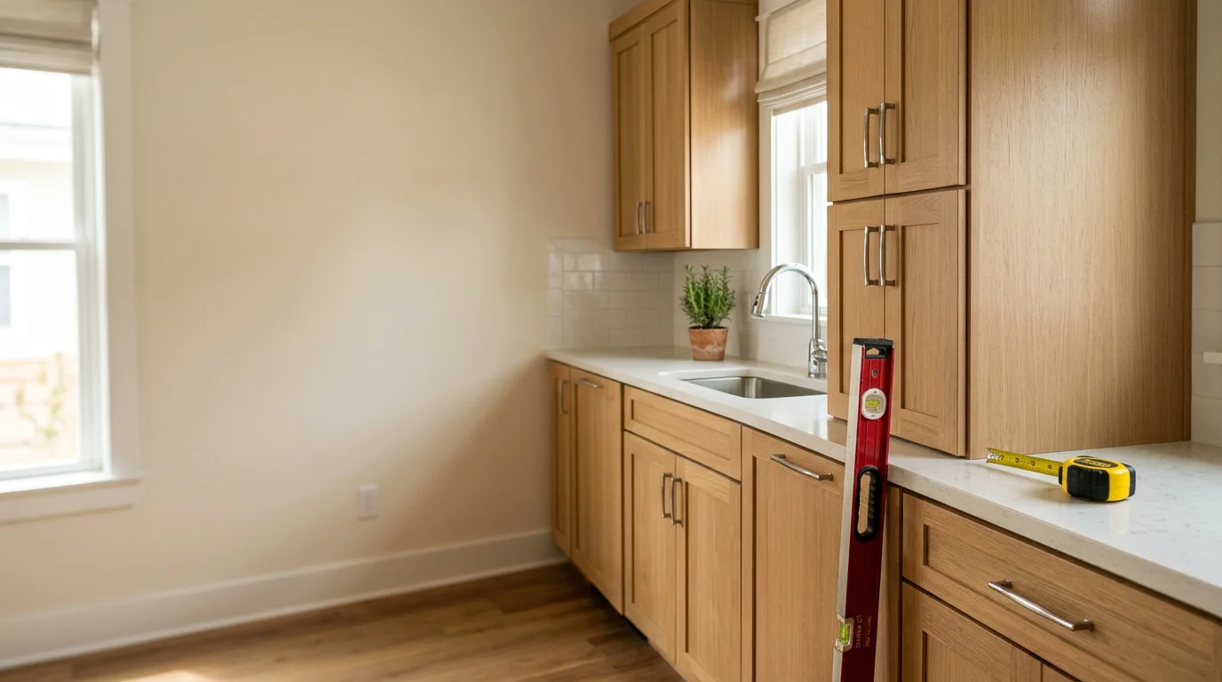 Newly installed custom kitchen cabinets in a Fernandina Beach home, showing floor-to-ceiling cabinetry with a clean coastal finish. The layout fits the full wall run with no gaps, reflecting the open-plan style common in Amelia Island area homes.
