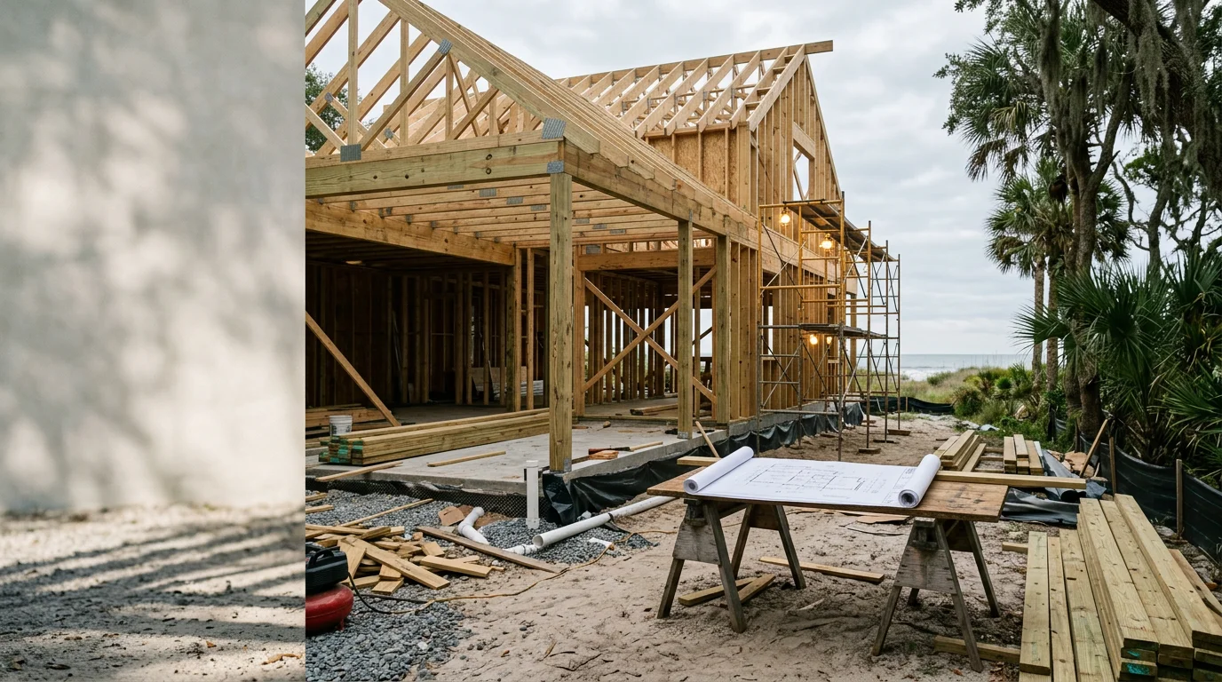 A newly completed custom home in Fernandina Beach, Florida, with a covered front porch and coastal-style exterior suited to the Amelia Island area. The home sits on a private lot with mature landscaping and reflects a fully custom floor plan built for the Nassau County coastal environment.