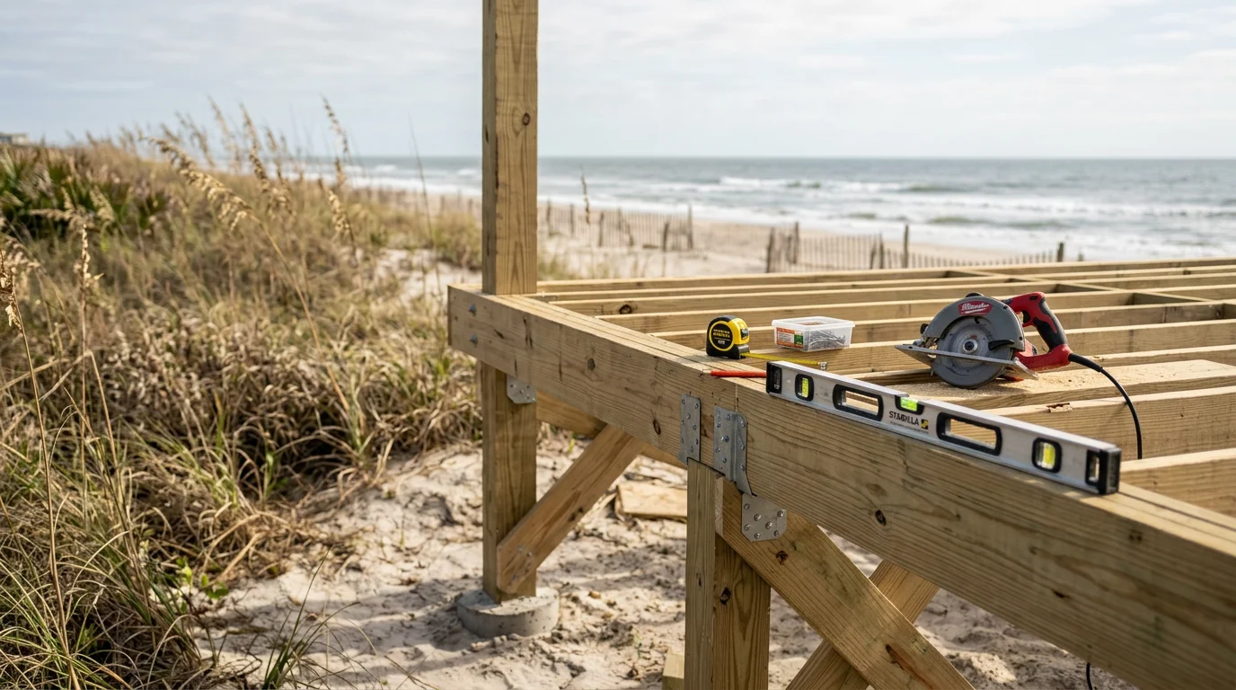 A newly constructed elevated wood deck attached to a coastal home in Fernandina Beach, Florida, with corrosion-resistant hardware and clean framing visible beneath the deck boards. The deck overlooks a landscaped backyard typical of Nassau County residential properties.