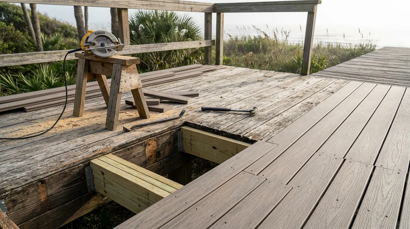 A repaired wooden deck on a residential home in Fernandina Beach, Florida, showing replaced deck boards and tightened railings with the surrounding coastal landscape visible in the background.