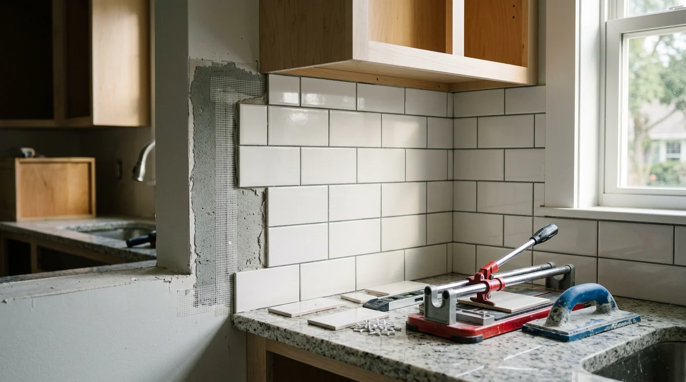 Freshly installed ceramic tile kitchen backsplash with clean grout lines above a countertop in a Fernandina Beach home. The tile runs from the countertop to the upper cabinets with precise cuts around the outlet covers.