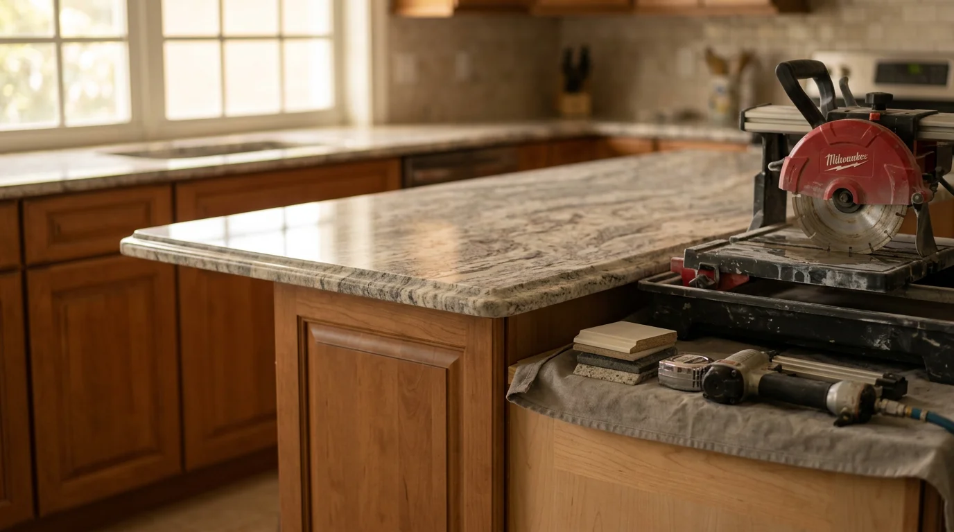Newly installed granite kitchen countertop with an undermount sink in a Fernandina Beach home, showing a clean eased edge profile and flush cabinet fit. The finished surface reflects natural light from a nearby window in the renovated kitchen.