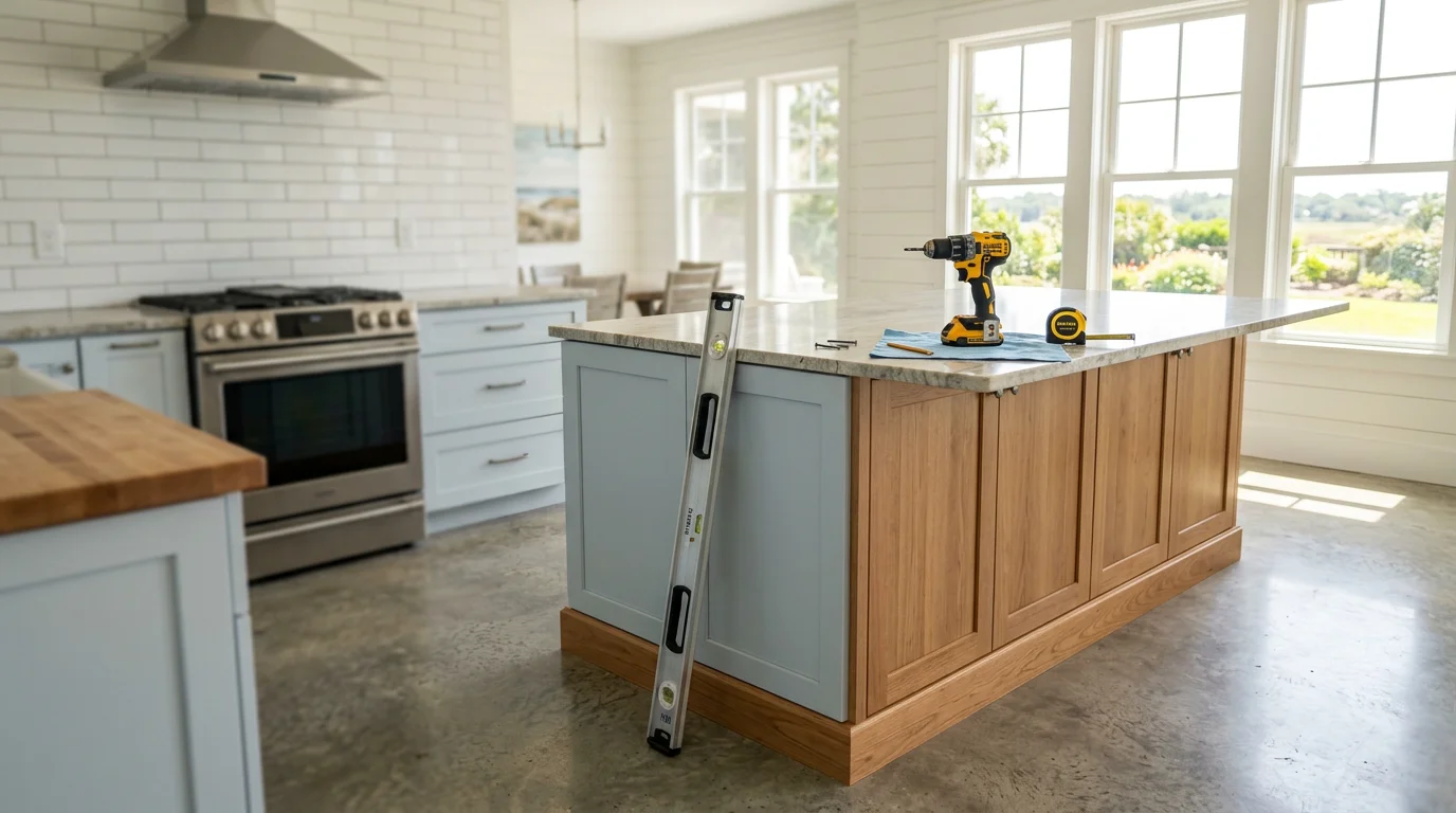 Newly installed custom kitchen island with built-in storage cabinets and a stone countertop in a Fernandina Beach home. The island is anchored to the wood subfloor and positioned with clear walkway space on all sides.