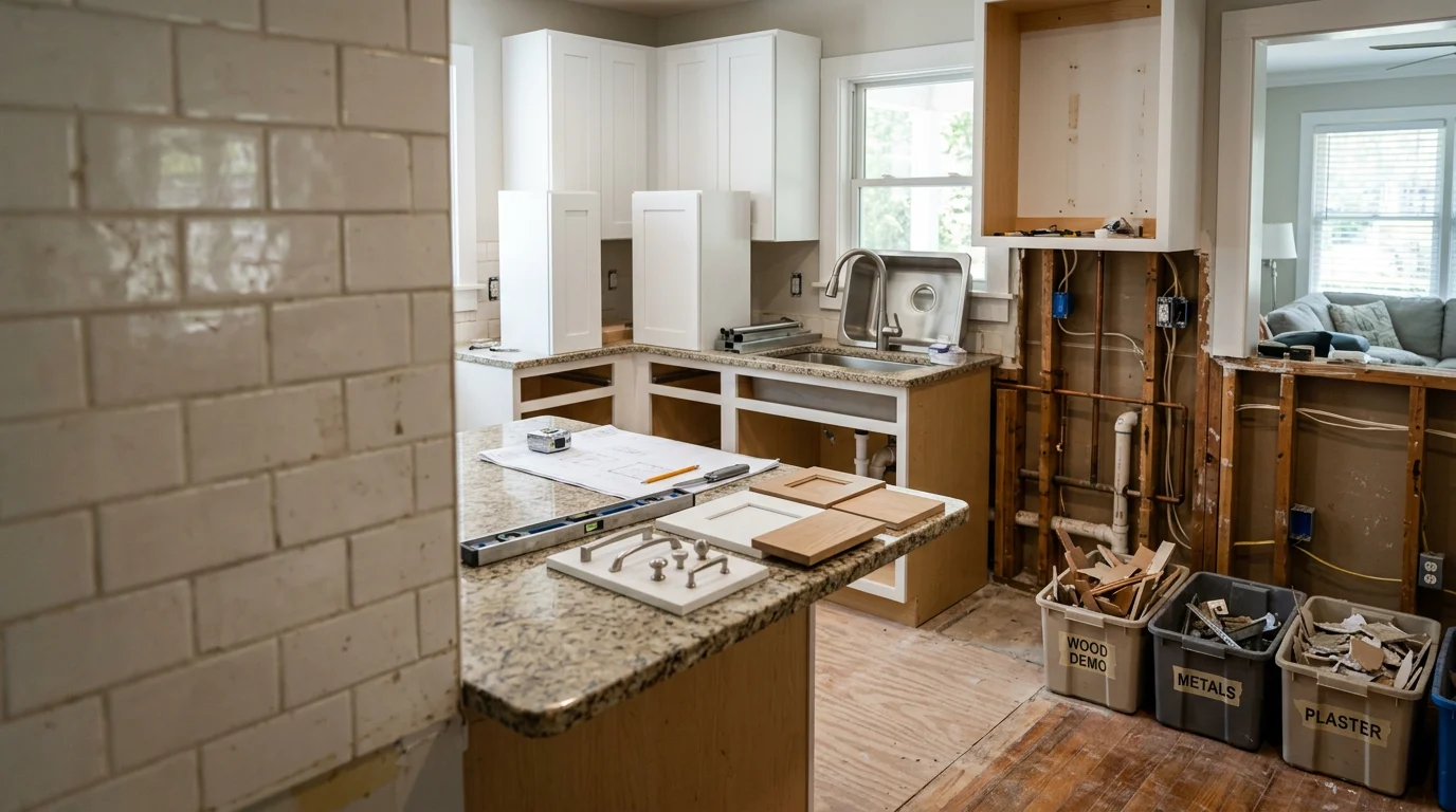 Finished kitchen remodel in a Fernandina Beach coastal home showing custom cabinetry, quartz countertops, and updated flooring. The space reflects a clean, functional layout suited to the salt-air environment of Nassau County.
