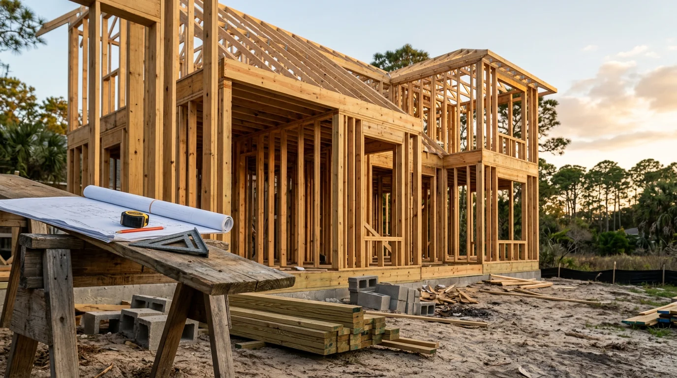 A newly constructed custom home in Fernandina Beach, Florida, featuring a Lowcountry-style covered front porch and coastal exterior finishes on a wooded lot near Amelia Island. The home sits on a cleared homesite with mature maritime trees framing the structure against a clear Florida sky.