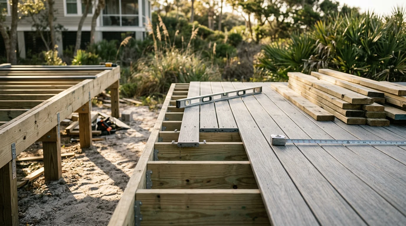 Custom outdoor living space design at a Fernandina Beach coastal home, featuring a covered hardscape patio with defined seating and dining zones. The layout reflects the property's coastal setting on Amelia Island with durable materials suited to salt air exposure.