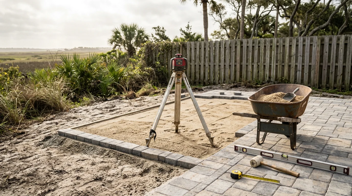 Newly constructed patio in Fernandina Beach, Florida, with a clean hardscape surface and open layout suited for coastal outdoor living. The finished patio extends from the rear of a residential home on Amelia Island, showing proper grading and material finish.