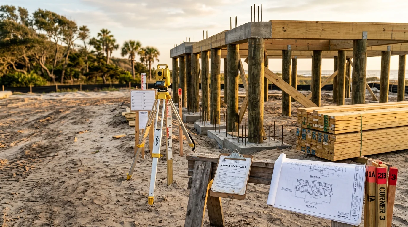 A newly constructed residential home in Fernandina Beach, Florida, featuring an elevated foundation consistent with Nassau County coastal building requirements. The home sits on a cleared lot with framing complete and exterior finishes in progress.
