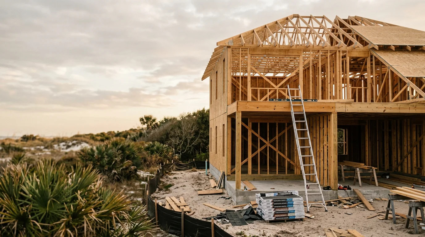 Structural wood framing and roof trusses of a new home shell under construction in Fernandina Beach, Florida. The exterior walls and roof structure are complete, with the building dried-in and ready for interior work.