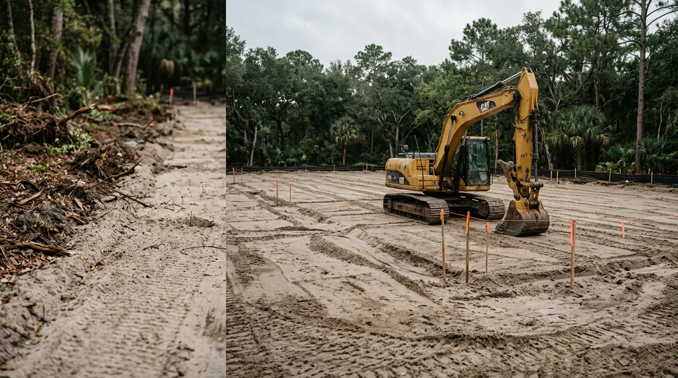 A cleared and graded residential lot in Fernandina Beach, Florida, with smooth compacted soil and defined drainage slopes ready for foundation work. Nassau County pine trees and coastal vegetation are visible at the cleared lot boundary.